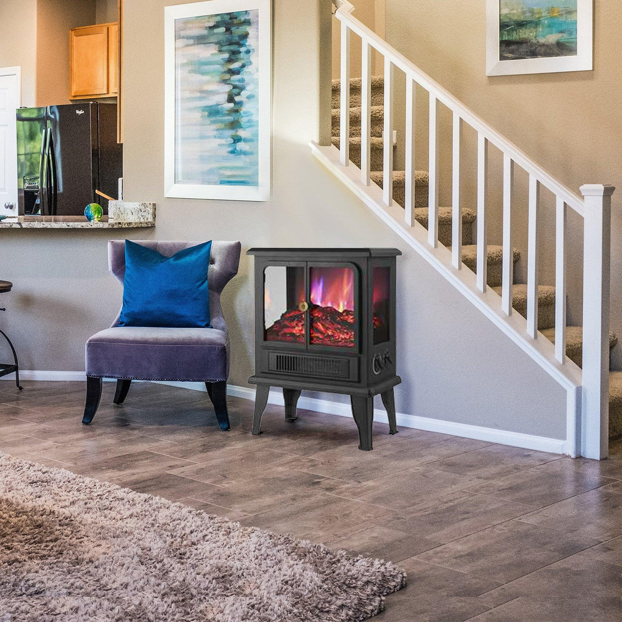 Black Electric Heater Free Standing Stove, 3D Flame Overheat Protection Adjustable Thermostat, 1500W-Parc Decor