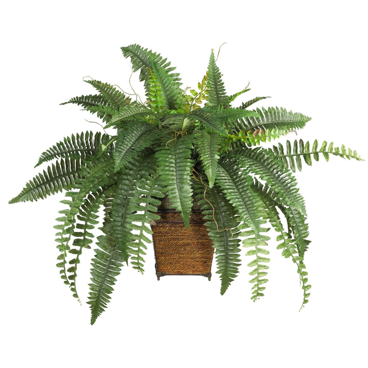 Boston Fern w/Wood Wicker Basket Silk Plant-Parc Decor