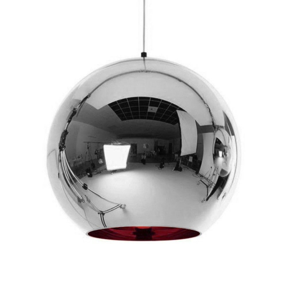 Chroma Pendant Light, 15cm silver mirrored globe with red interior.