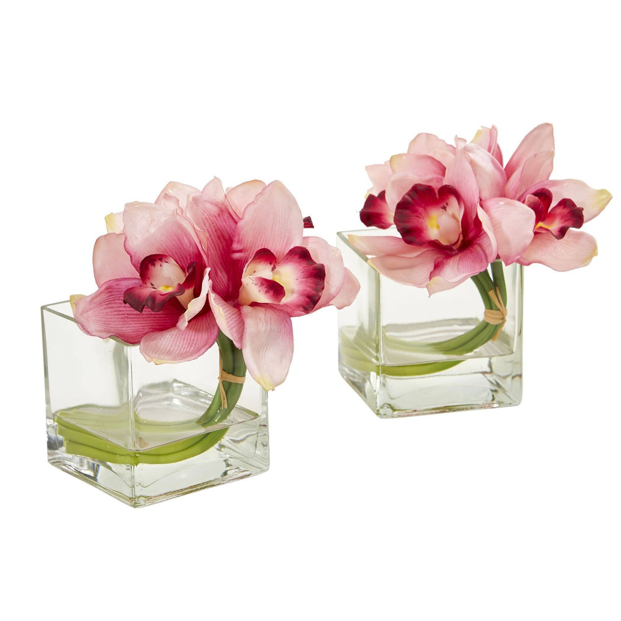 Cymbidium Orchid Artificial Arrangement in Glass Vase (Set of 2)-Parc Decor
