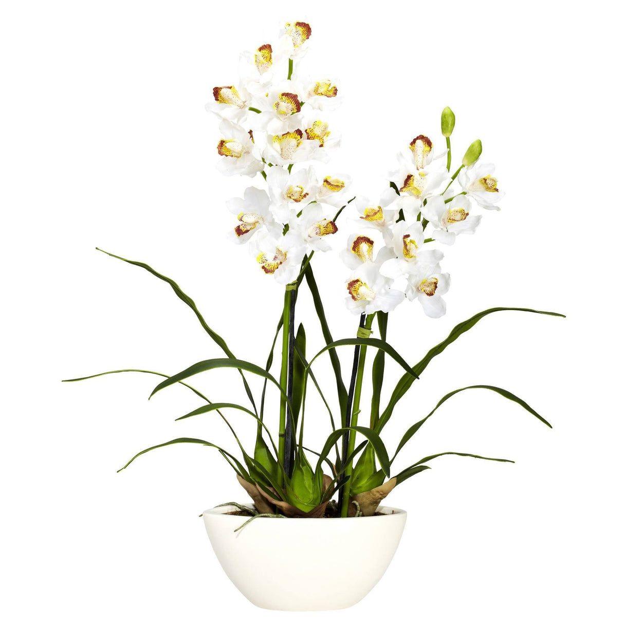 Cymbidium w/White Vase Silk Flower Arrangement-Parc Decor