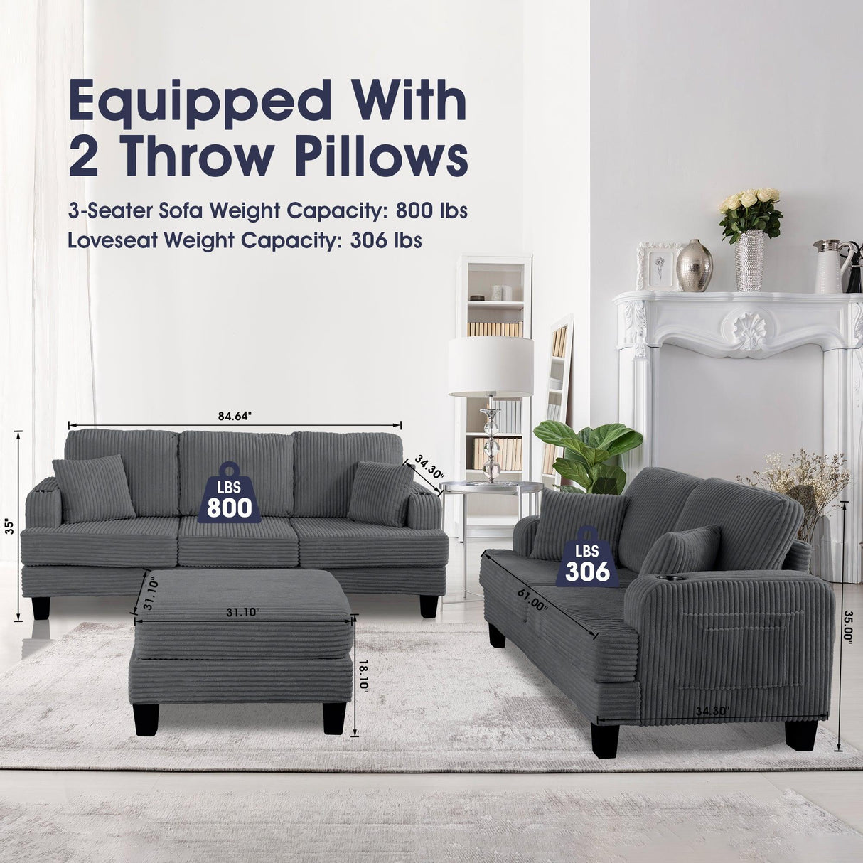 Dark Gray 3 Piece Set Comfy Sofa Couch 3-Seater & Loveseat Sofa with Storage Ottoman for Living Room with USB, Side Pockets, Pillows included-Parc Decor