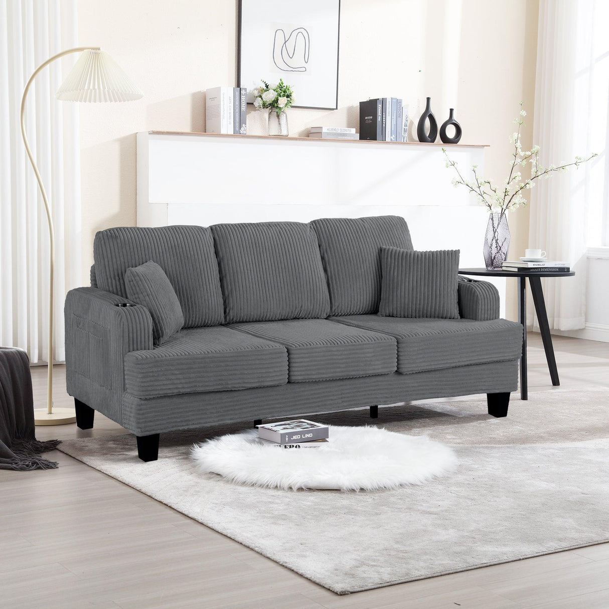 Dark Gray 3 Piece Set Comfy Sofa Couch 3-Seater & Loveseat Sofa with Storage Ottoman for Living Room with USB, Side Pockets, Pillows included-Parc Decor