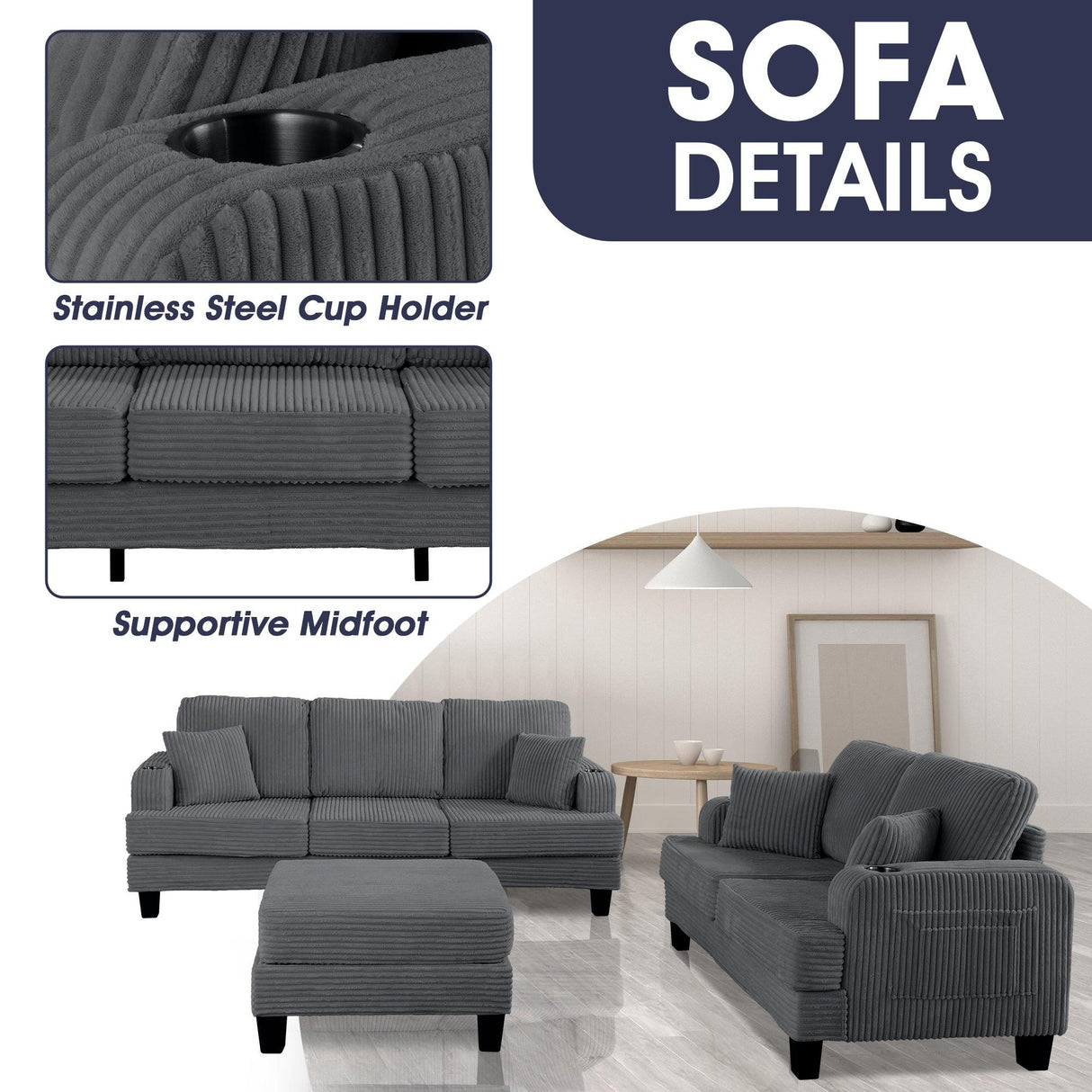 Dark Gray 3 Piece Set Comfy Sofa Couch 3-Seater & Loveseat Sofa with Storage Ottoman for Living Room with USB, Side Pockets, Pillows included-Parc Decor