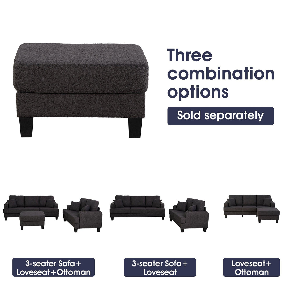 Dark Gray 3-Piece Sofa Set with Storage Ottoman & USB Charging-Parc Decor