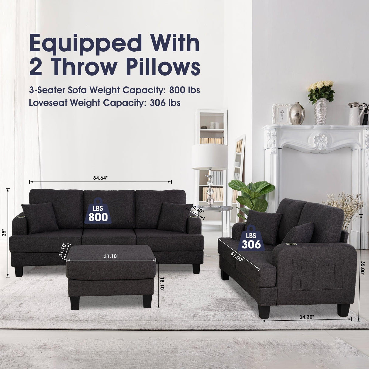 Dark Gray 3-Piece Sofa Set with Storage Ottoman & USB Charging-Parc Decor