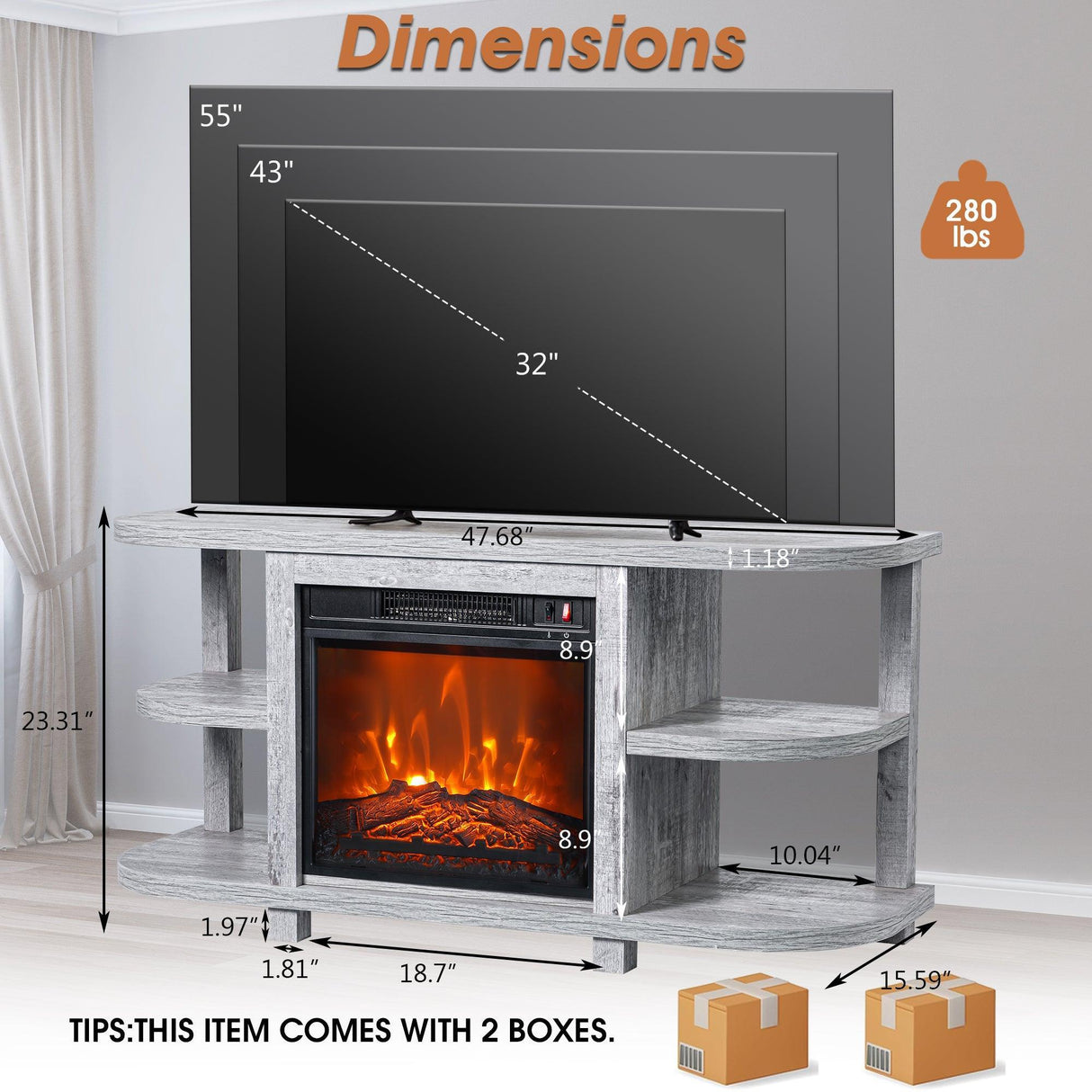 Decorative Modern 48" TV Stand with 18" Insert Electric Fireplace-Parc Decor