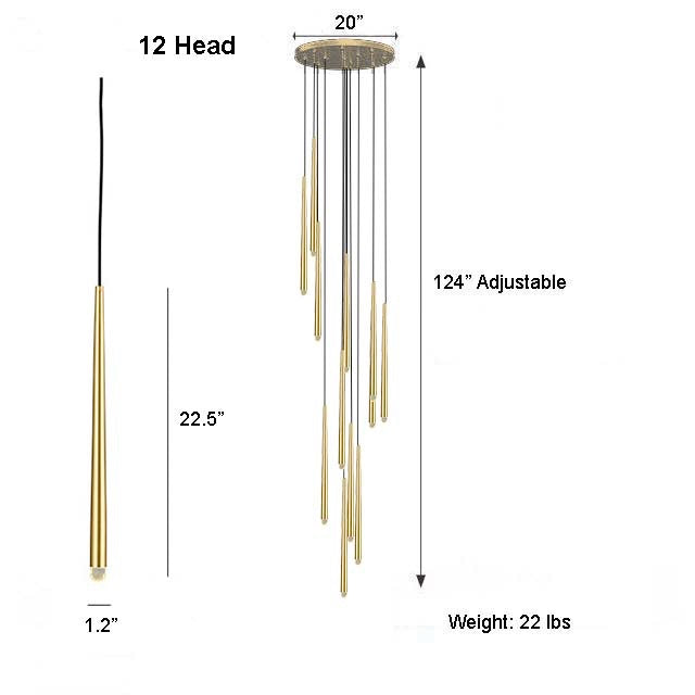 Evora Pendant Chandelier, 12 gold cone-shaped lights hanging from a round gold base, with dimensions.