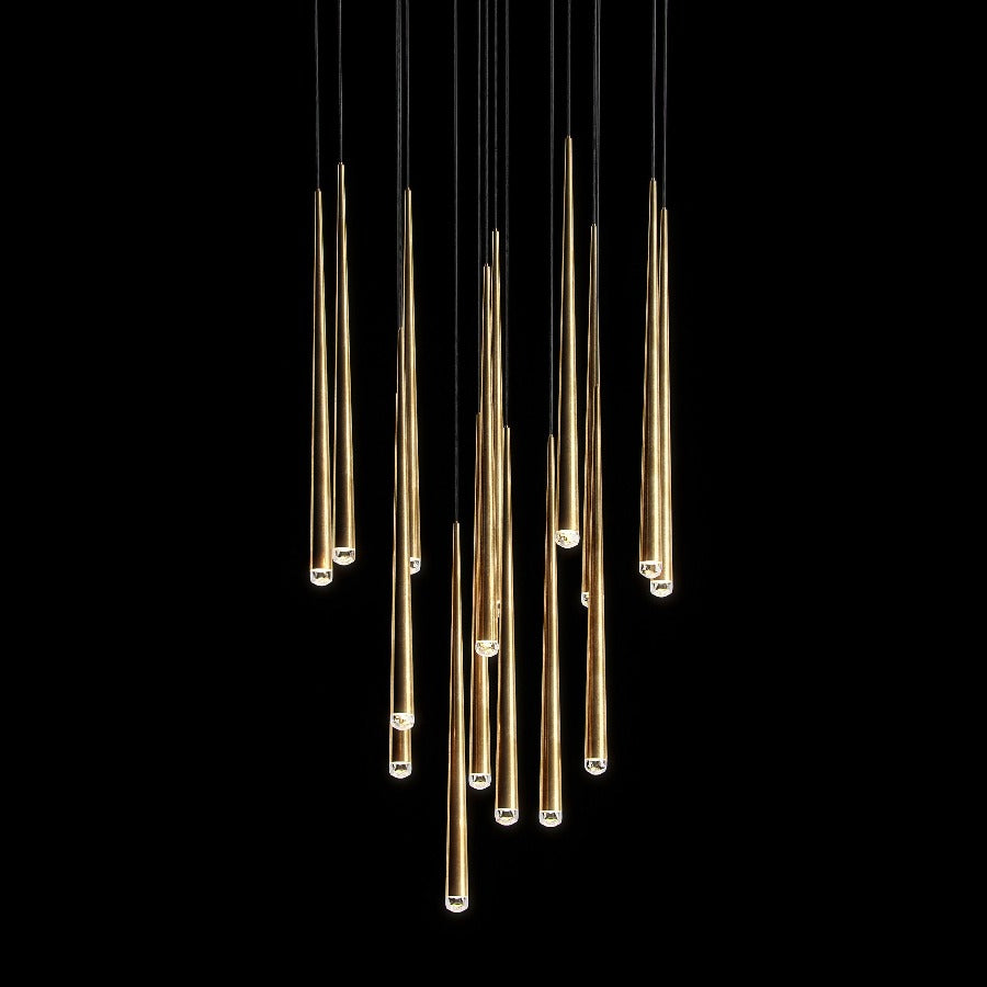 Evora Pendant Chandelier with multiple long, thin, gold-toned metal pendants and small lights on a black background.
