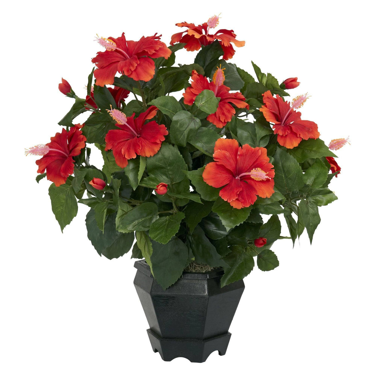 Hibiscus w/Black Hexagon Vase Silk Plant-Parc Decor