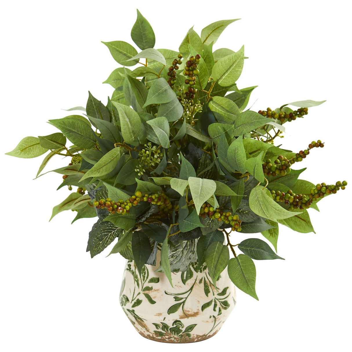 Mixed Ficus, Fittonia and Berries Artificial Plant in Floral Vase-Parc Decor