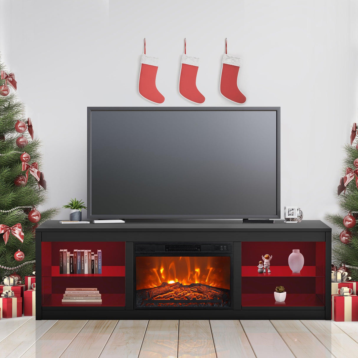 Modern 66" LED TV Stand with 23" Insert Electric Fireplace for Living Room-Parc Decor