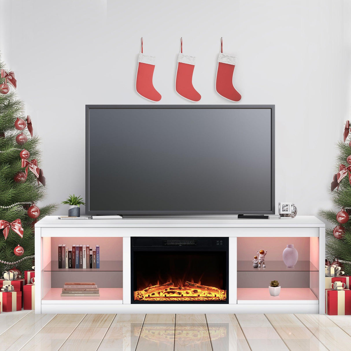 Modern 66" LED TV Stand with 23" Insert Electric Fireplace for Living Room-Parc Decor
