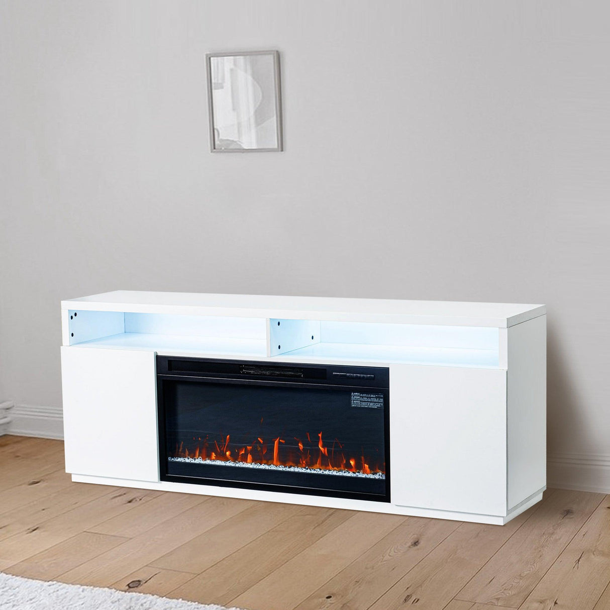 Modern 68" LED TV Stand with 36" Insert Opening Electric Fireplace for Living Room in Black or White-Parc Decor