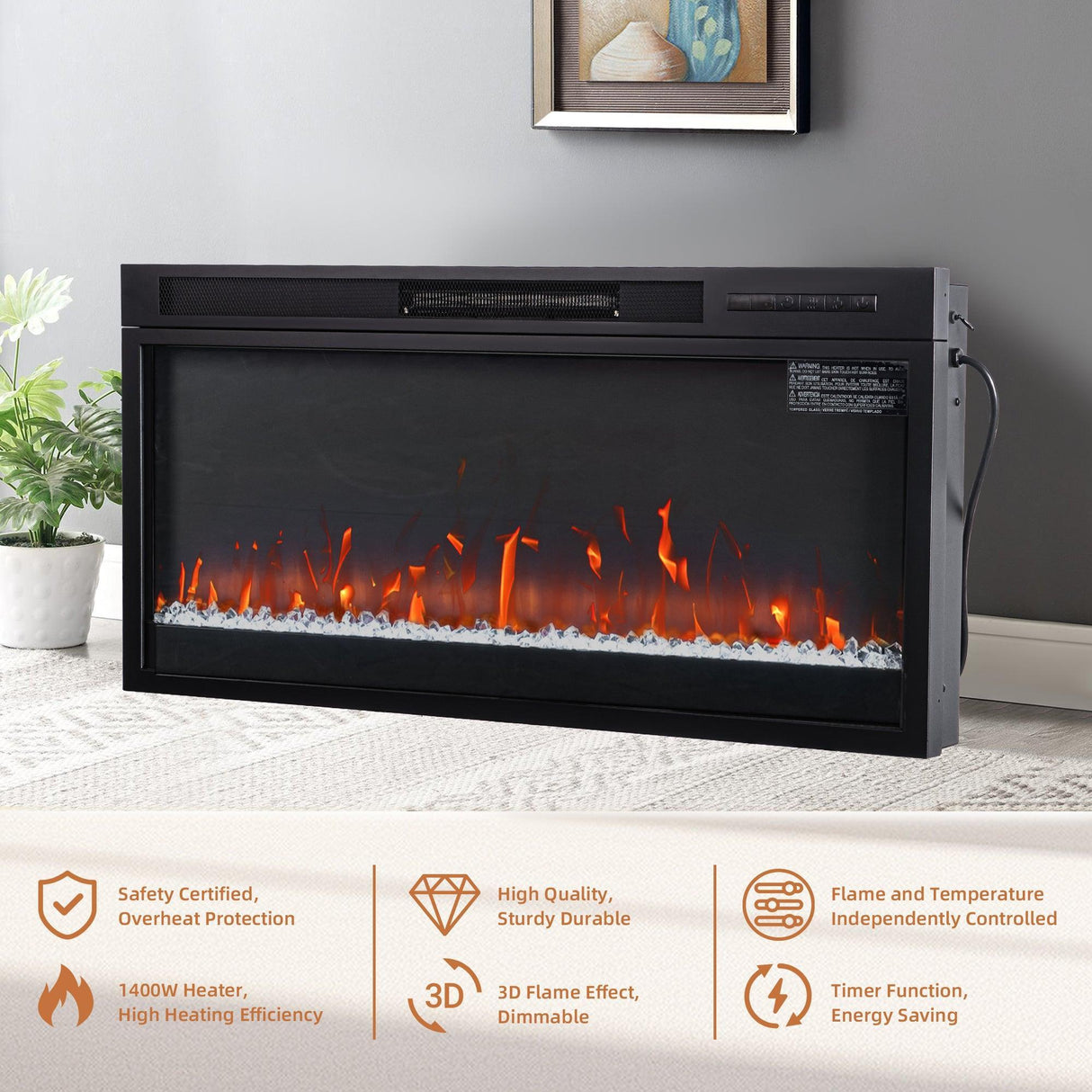 Modern 68" LED TV Stand with 36" Insert Opening Electric Fireplace for Living Room in Black or White-Parc Decor