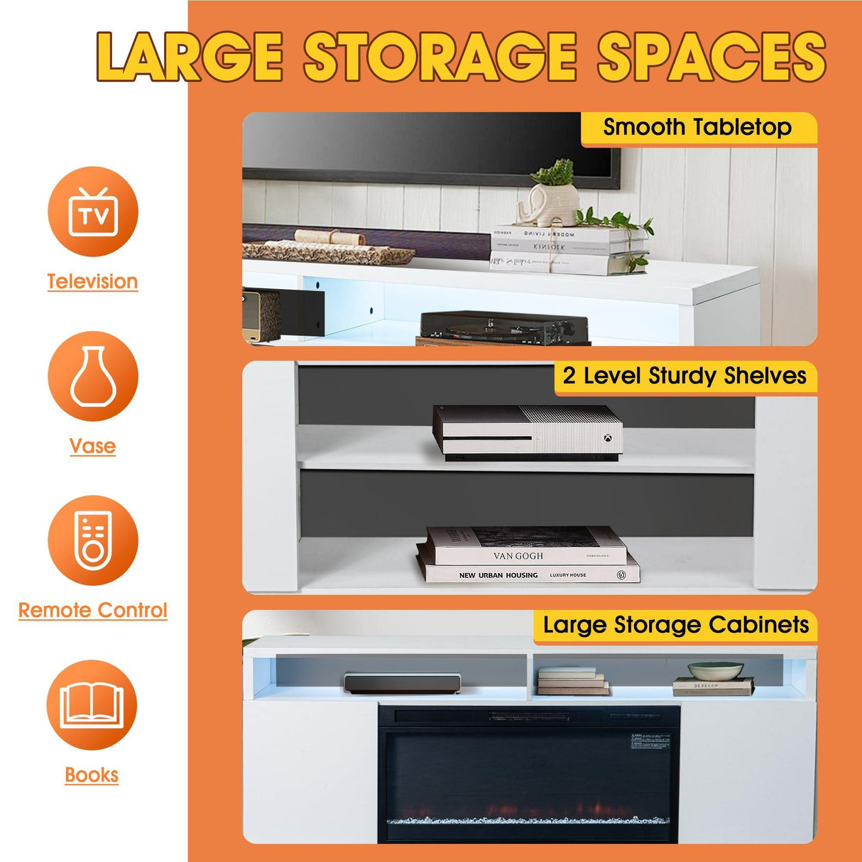 Modern 68" LED TV Stand with 36" Insert Opening Electric Fireplace for Living Room in Black or White-Parc Decor