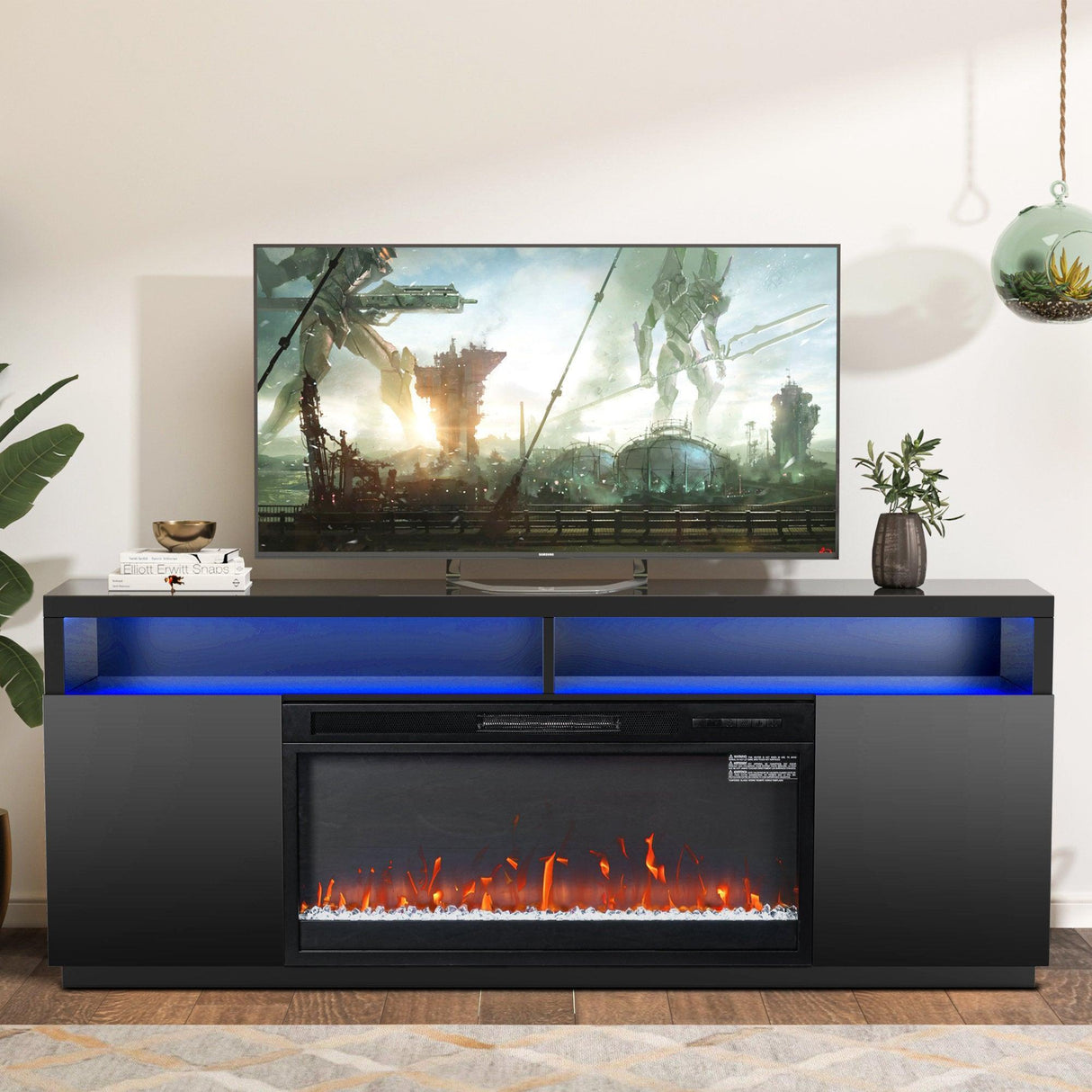 Modern 68" LED TV Stand with 36" Insert Opening Electric Fireplace for Living Room in Black or White-Parc Decor