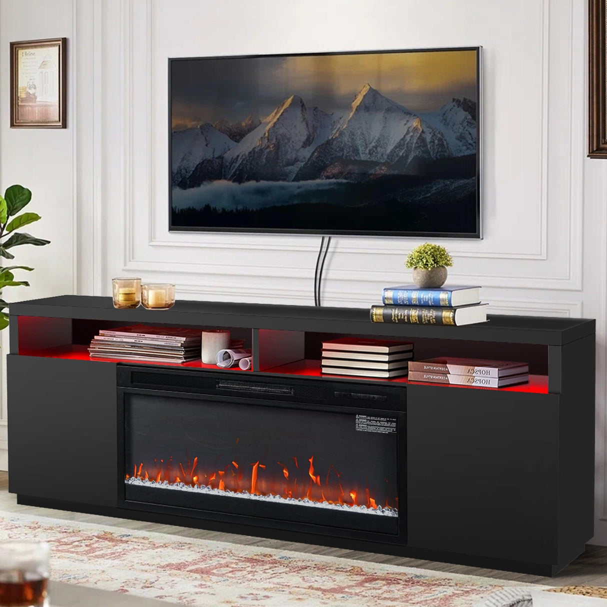 Modern 68" LED TV Stand with 36" Insert Opening Electric Fireplace for Living Room in Black or White-Parc Decor