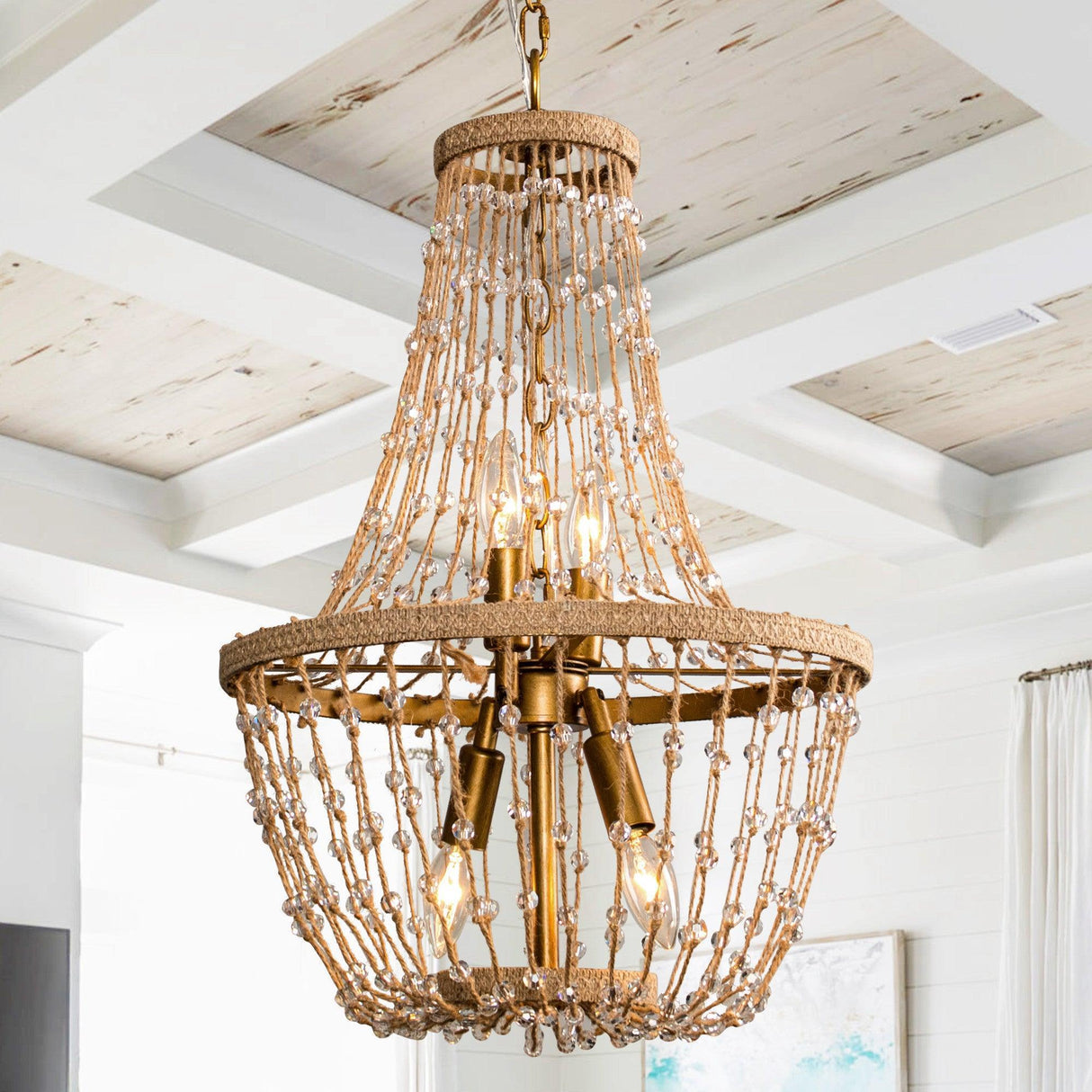 Modern Beaded Basket Weathered Wood 4-Light Chandelier-Parc Decor