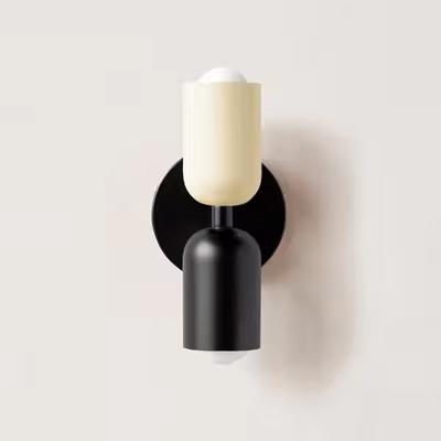 Mura Wall Light, Style 6. Black and cream modern wall sconce with two cylindrical shades.