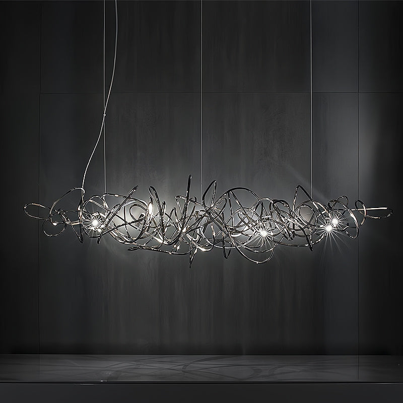 Parcaso Chandelier: Modern chrome chandelier with intertwined metal ribbons and multiple lights.