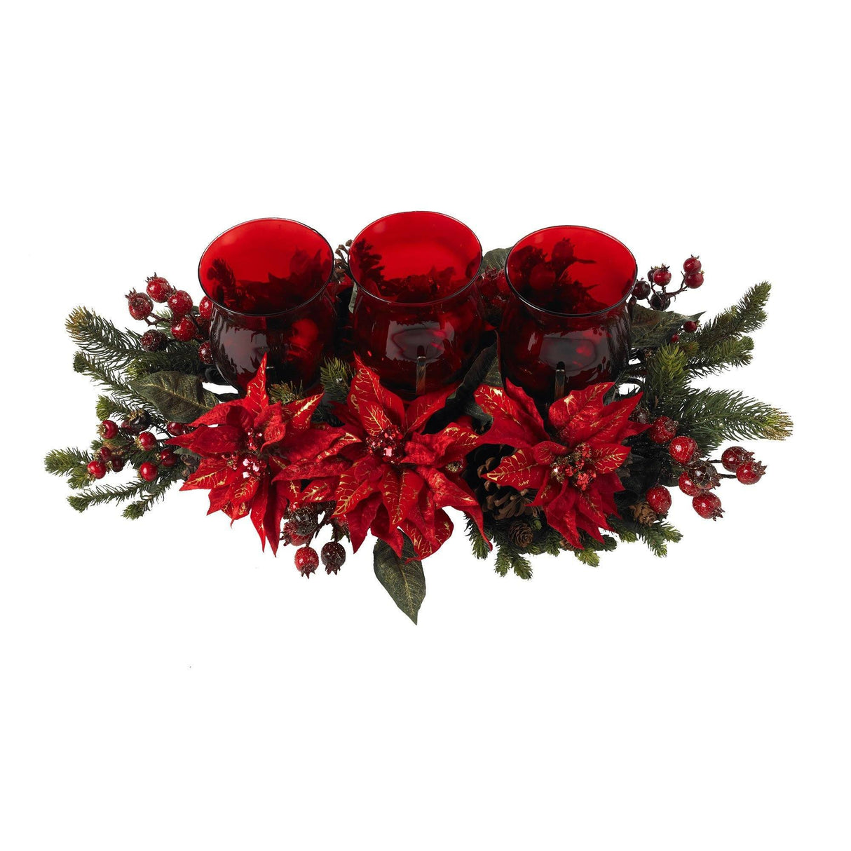 Poinsettia & Berry Triple Candle Holder-Parc Decor