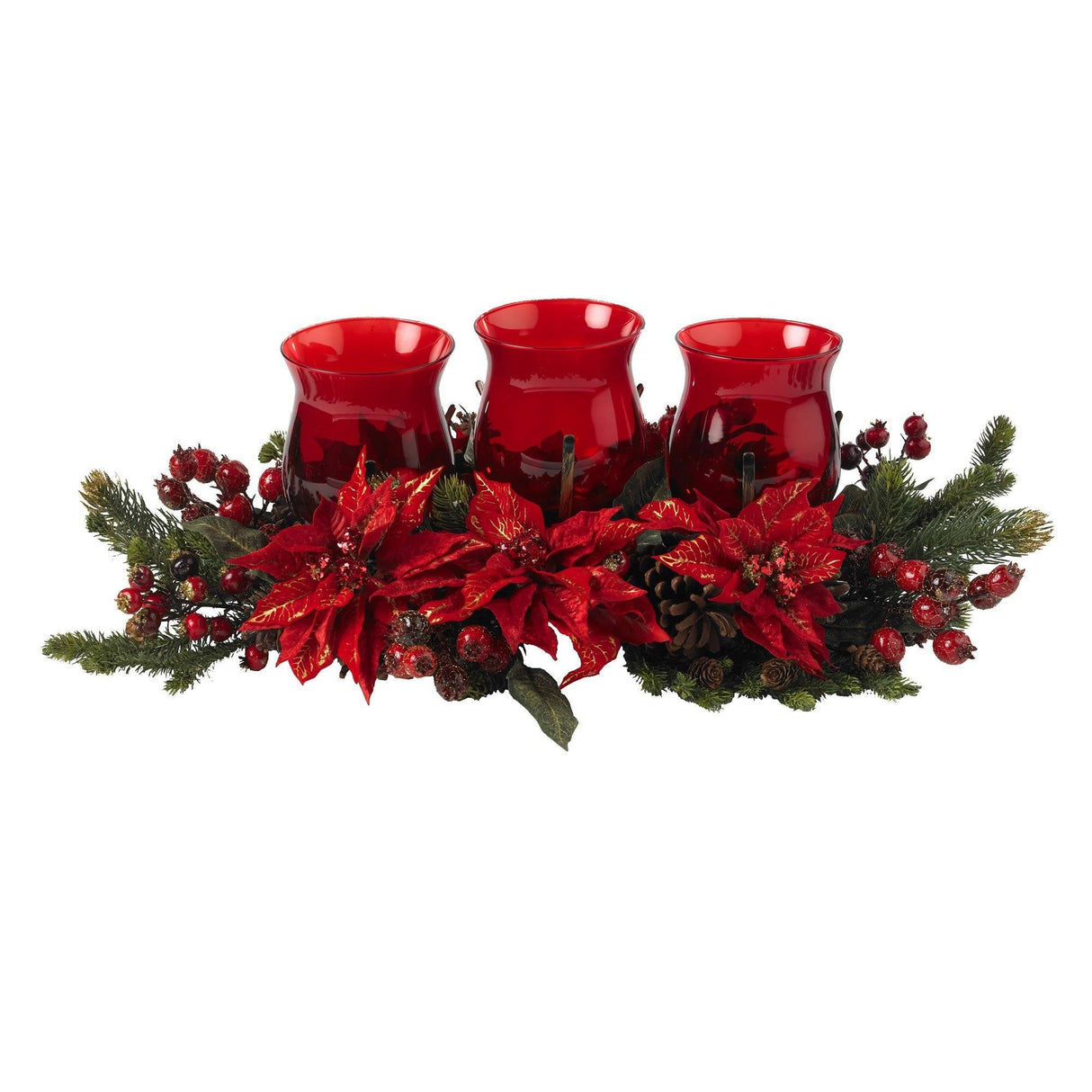 Poinsettia & Berry Triple Candle Holder-Parc Decor