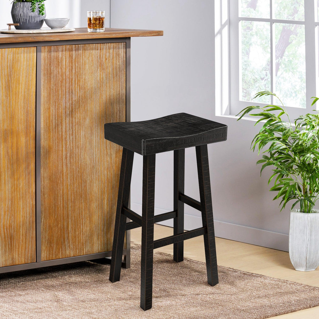 Set of 2 Farmhouse Solid Wood Bar Stools - Backless Saddle Seat Counter Height Chairs for Kitchen Island, Breakfast Nook & Home Office-Parc Decor