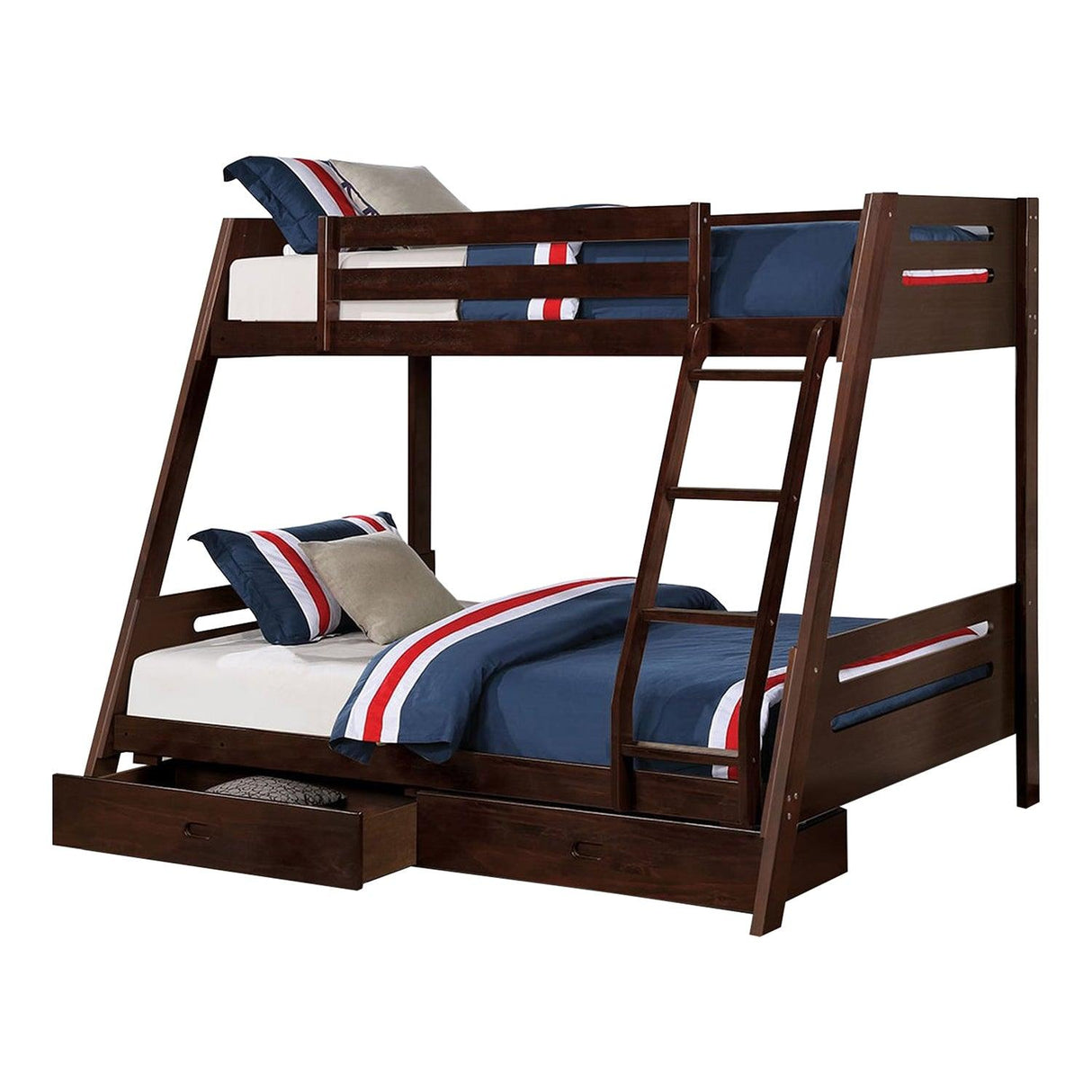 Solid Wood Twin / Full Bunk Bed with Reversible Angled Ladder and Underbed Drawers-Parc Decor