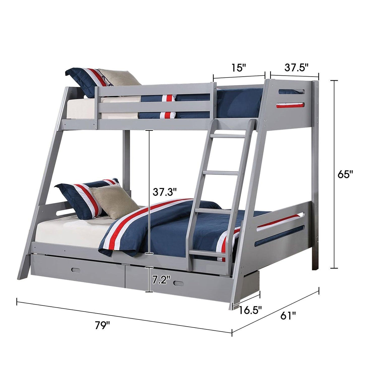 Solid Wood Twin / Full Bunk Bed with Reversible Angled Ladder and Underbed Drawers-Parc Decor