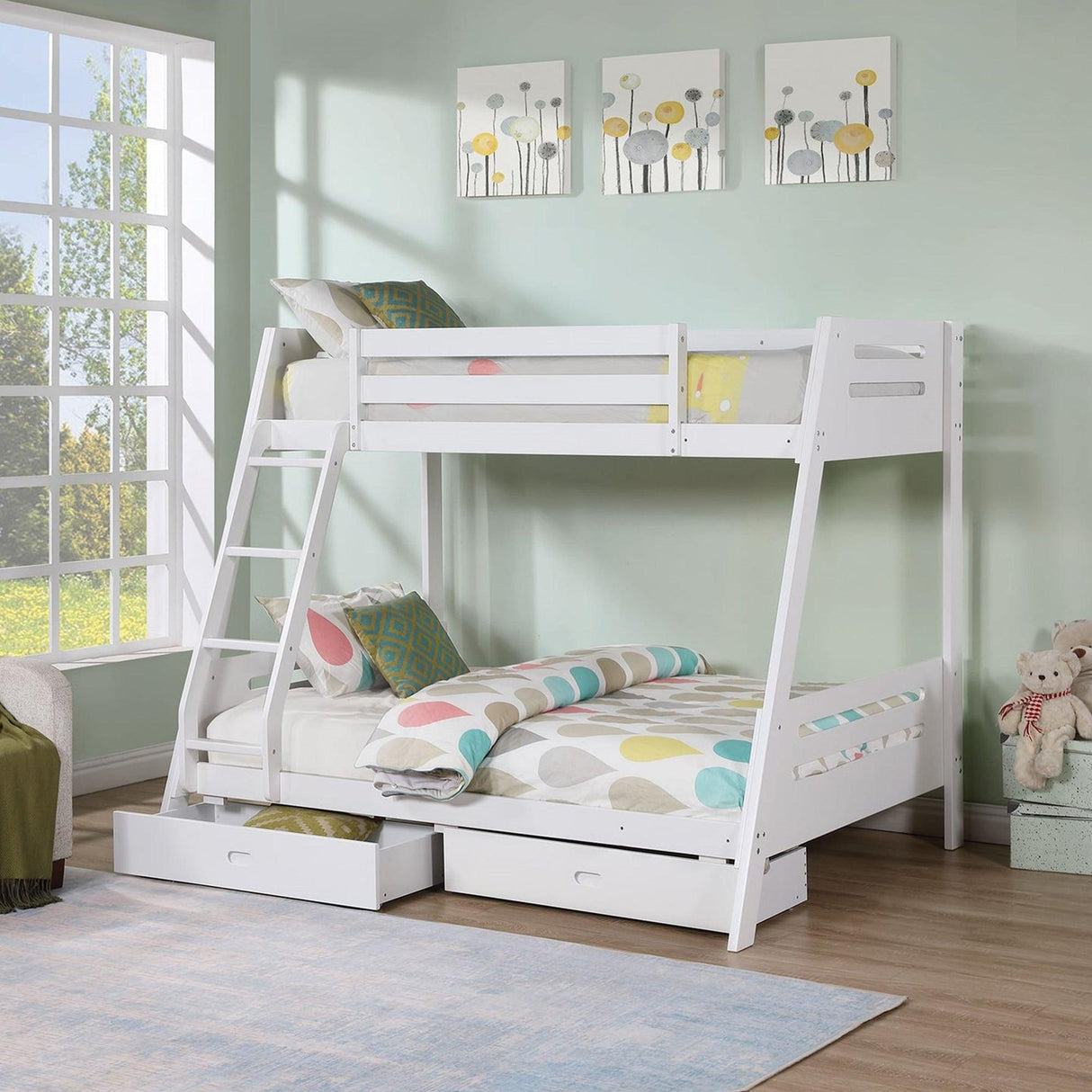 Solid Wood Twin / Full Bunk Bed with Reversible Angled Ladder and Underbed Drawers-Parc Decor