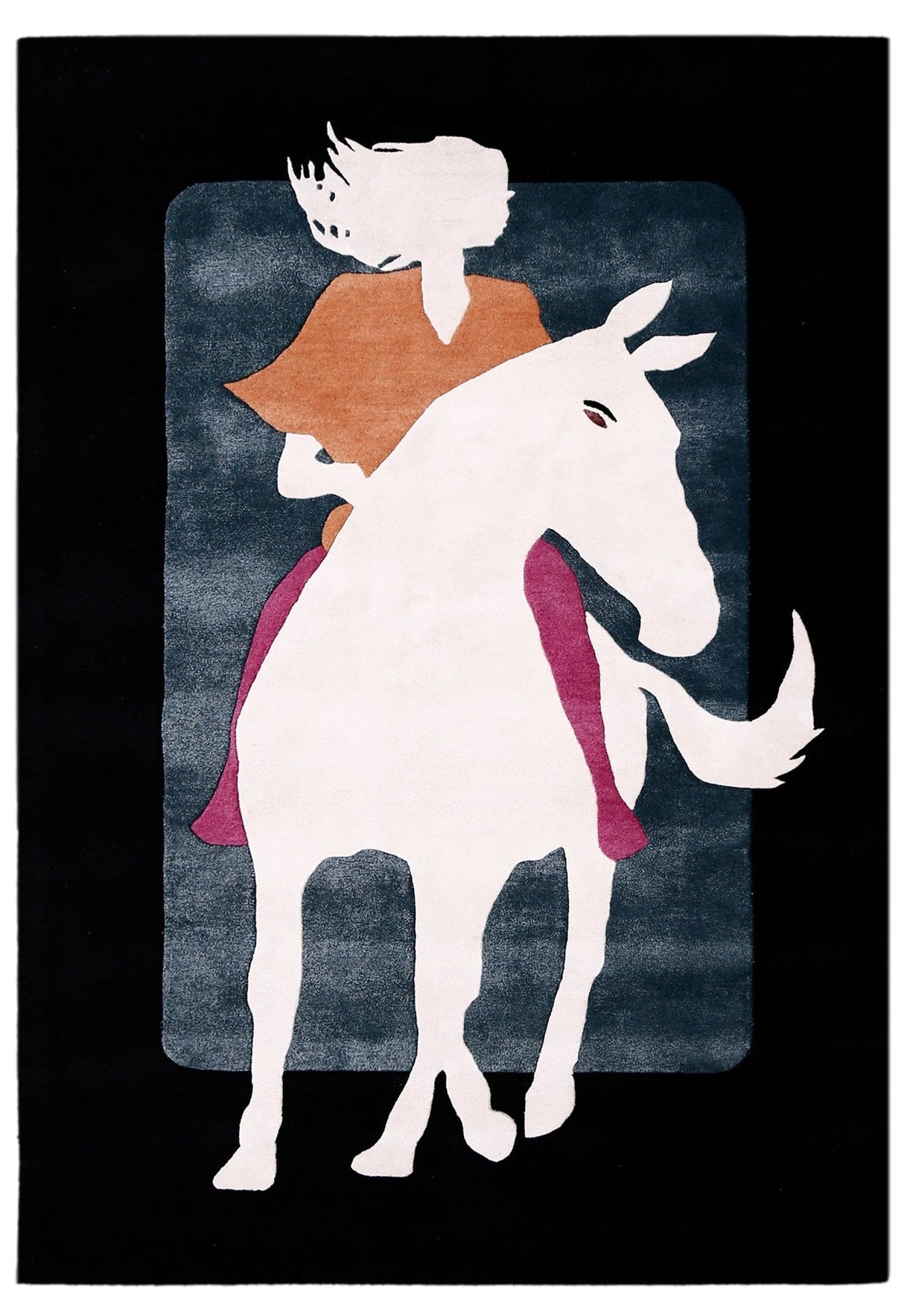 A Woman Riding Horse Ivory And Black Hand Tufted 5x8 Wool Area Rug