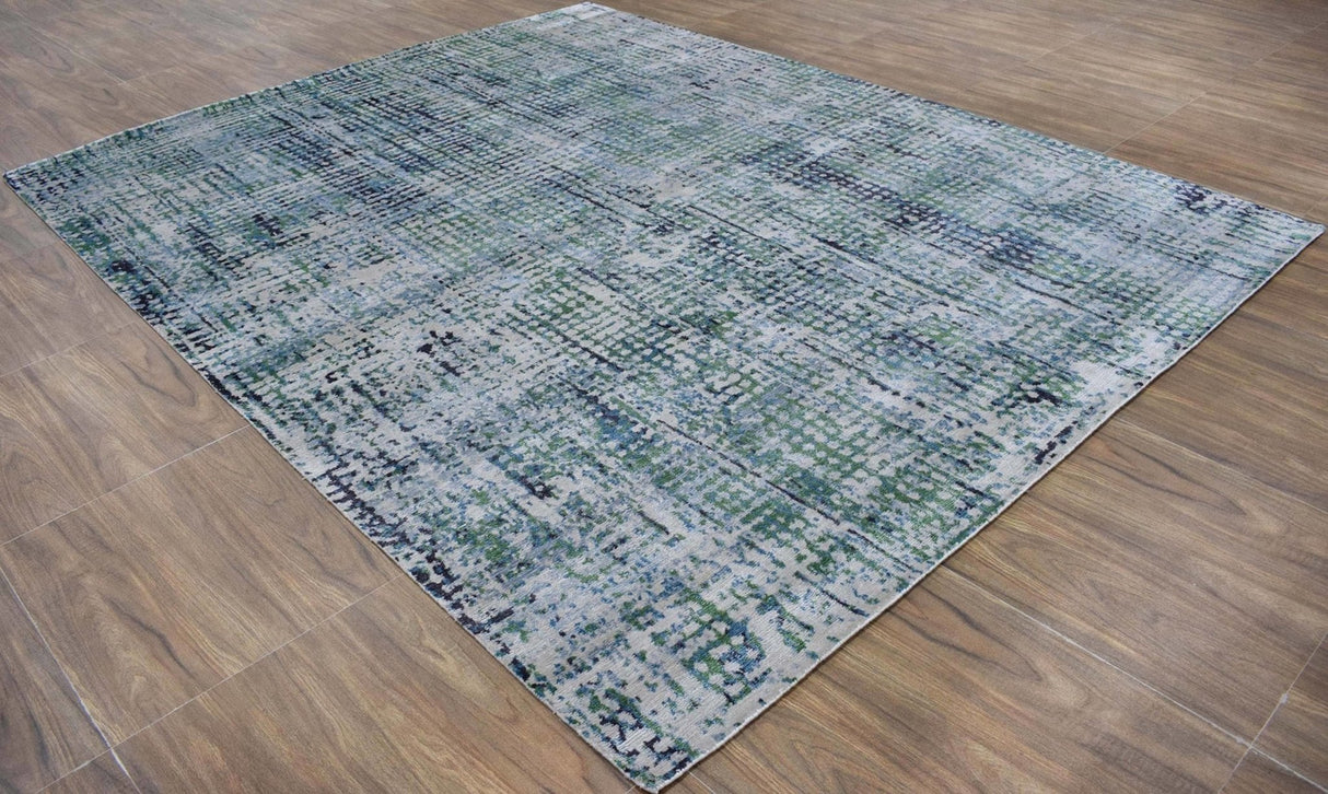Abstract Ivory, Blue and Moss Green Fine Hand Knotted Art Silk Area Rug-Area Rug-Parc Decor