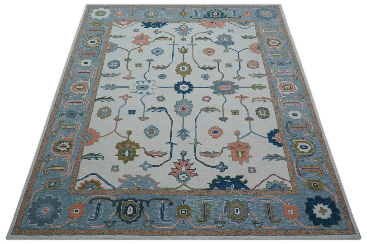 Allure Custom Made Ivory And Blue Traditional Oushak Hand Tufted Wool Rug