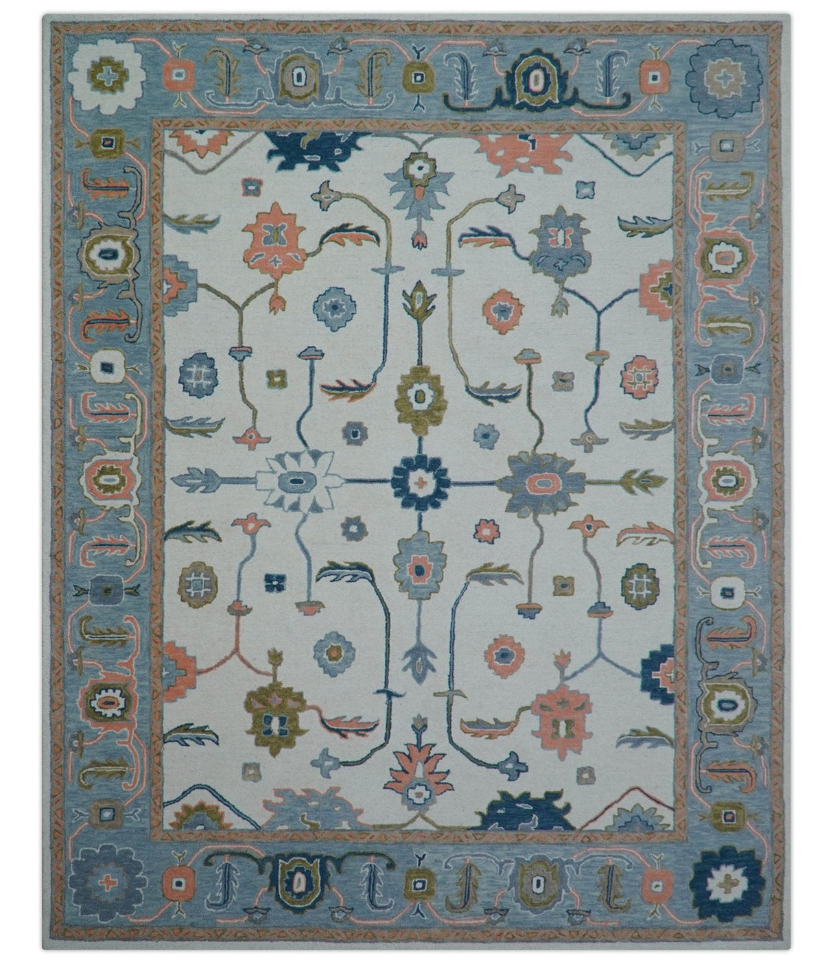 Allure Custom Made Ivory And Blue Traditional Oushak Hand Tufted Wool Rug