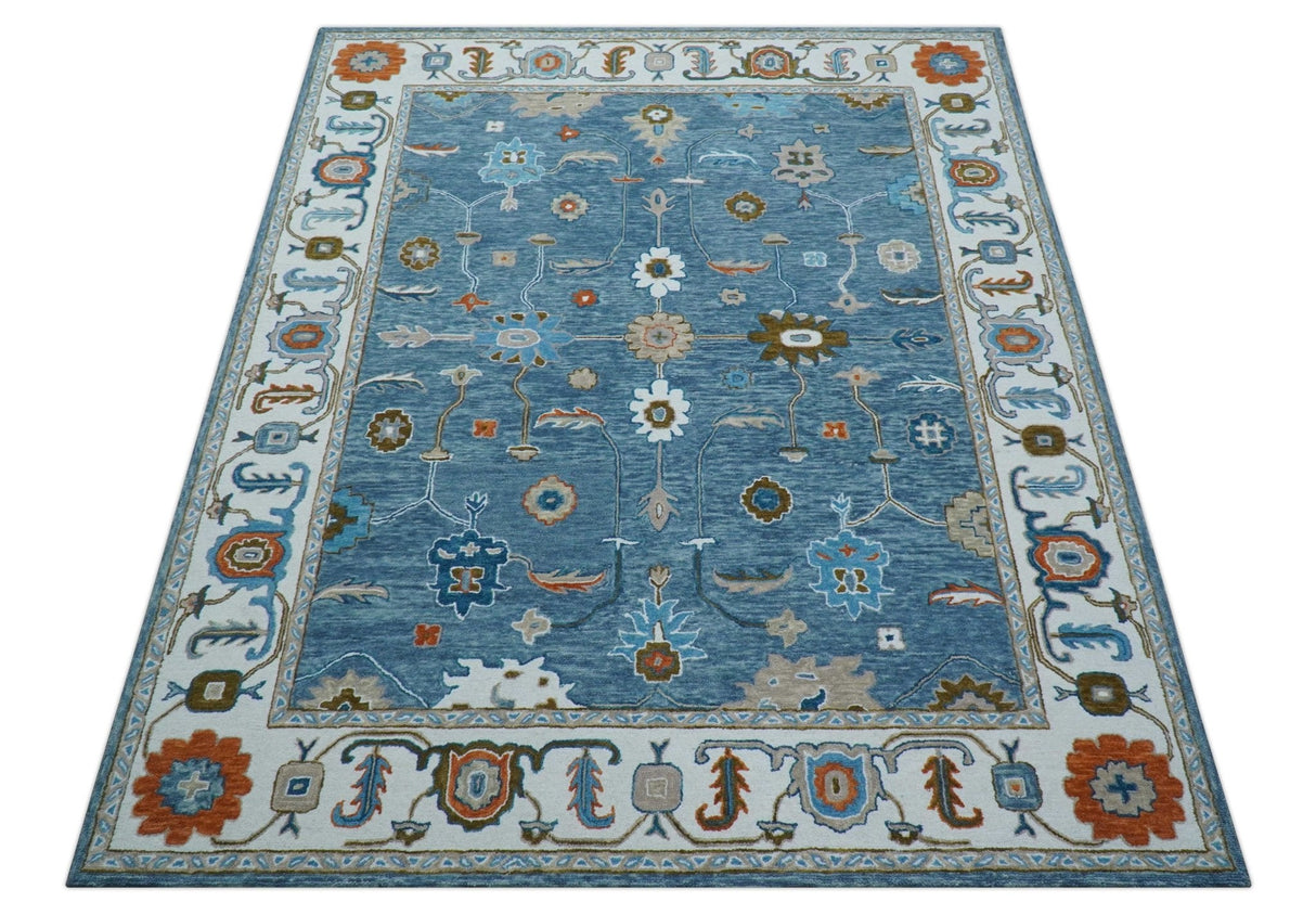 Allure Custom Made Modern Oushak Blue And Ivory Hand Tufted Wool Rug