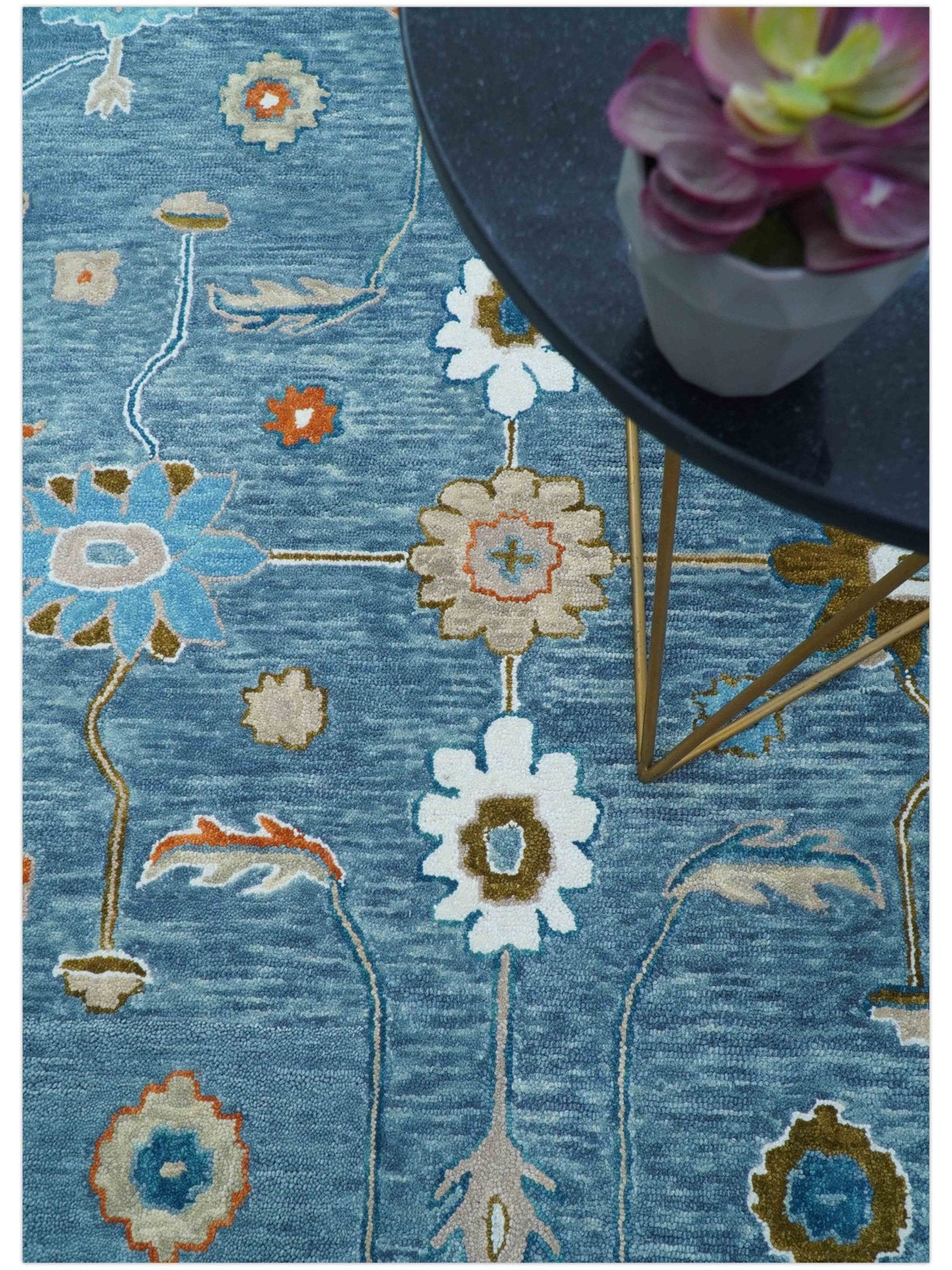 Allure Custom Made Modern Oushak Blue And Ivory Hand Tufted Wool Rug