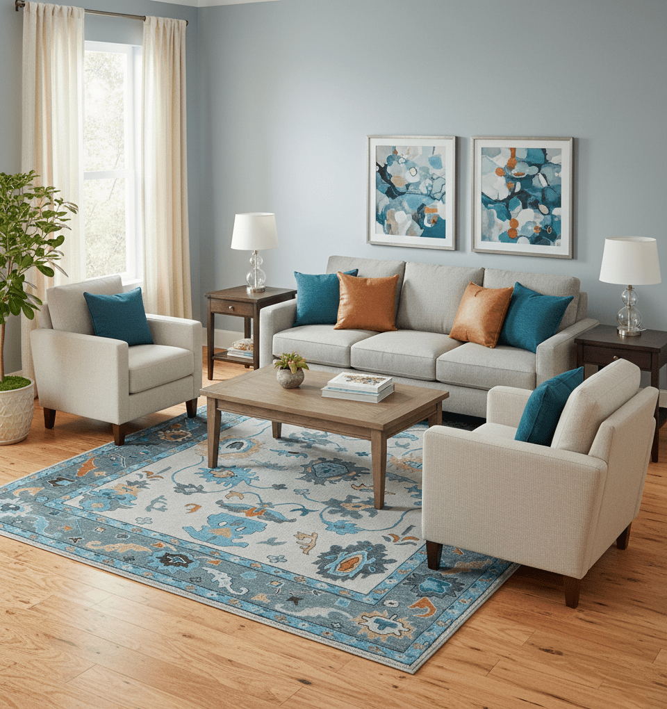 Allure Custom Made Traditional Design Peach And Blue Hand Tufted Wool Rug
