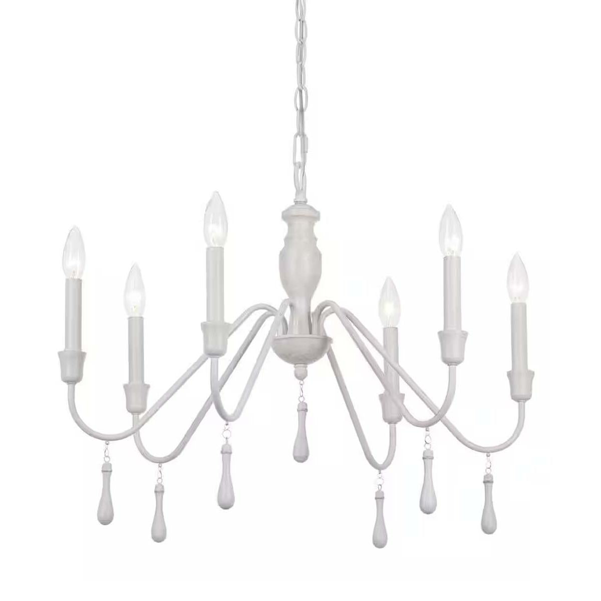Alsy 26"W 6-Light Distressed-White Beaded Modern Farmhouse Cottage Chandelier