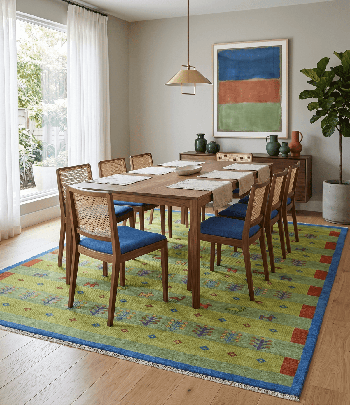 Animal and Tree Life Green, Blue and Rust Hand knotted Traditional Multi Size Wool Area Rug, Kids, Living Room and Bedroom Rug
