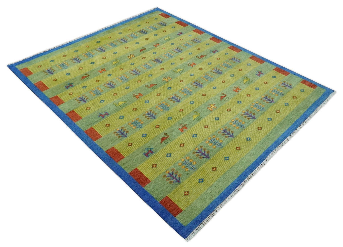 Animal and Tree Life Green, Blue and Rust Hand knotted Traditional Multi Size Wool Area Rug, Kids, Living Room and Bedroom Rug