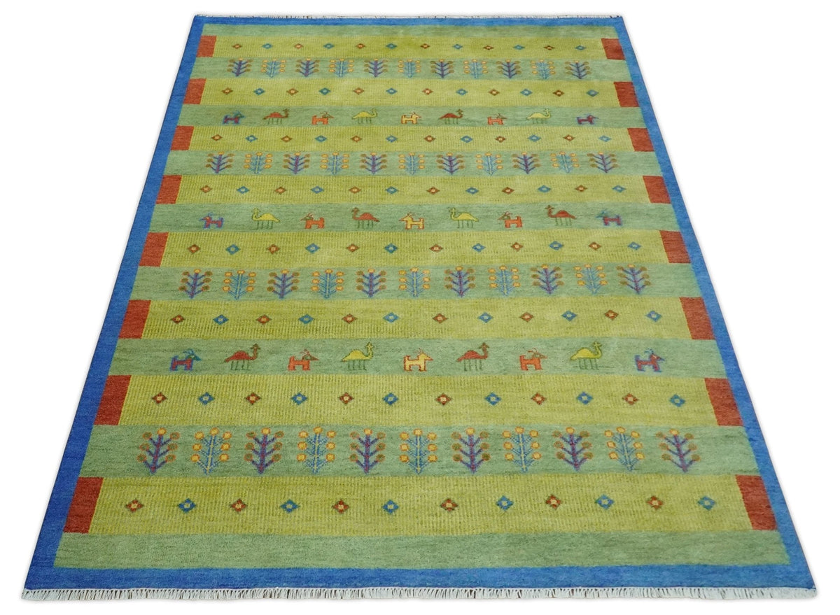 Animal and Tree Life Green, Blue and Rust Hand knotted Traditional Multi Size Wool Area Rug, Kids, Living Room and Bedroom Rug