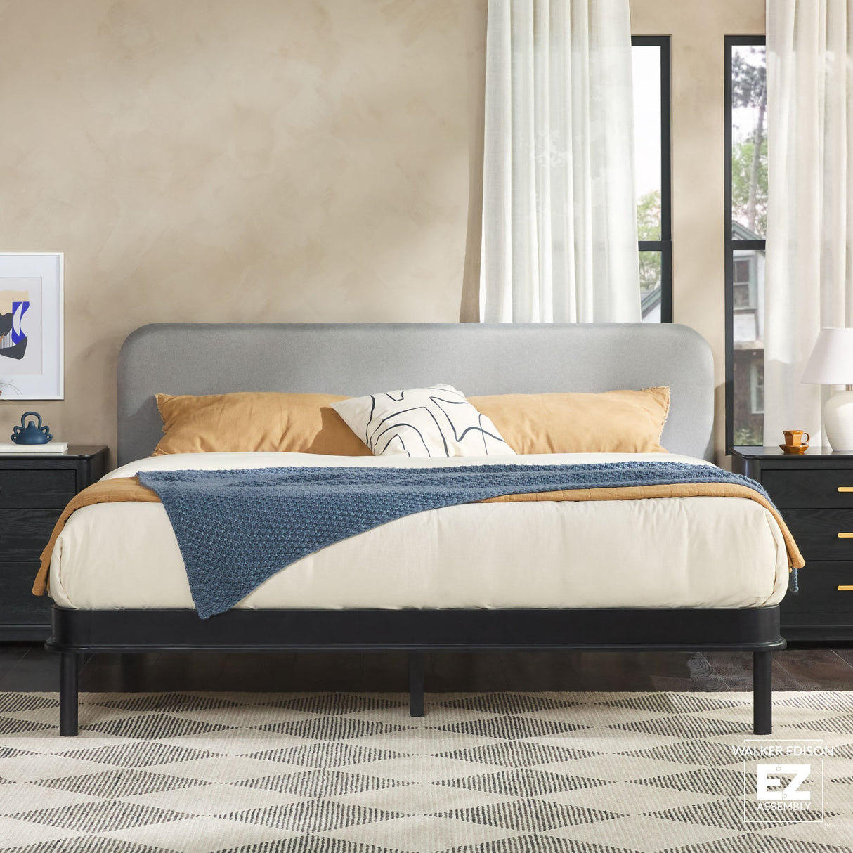 Annette Contemporary Upholstered Headboard Curved Wood Bed Frame-Bedroom-Parc Decor