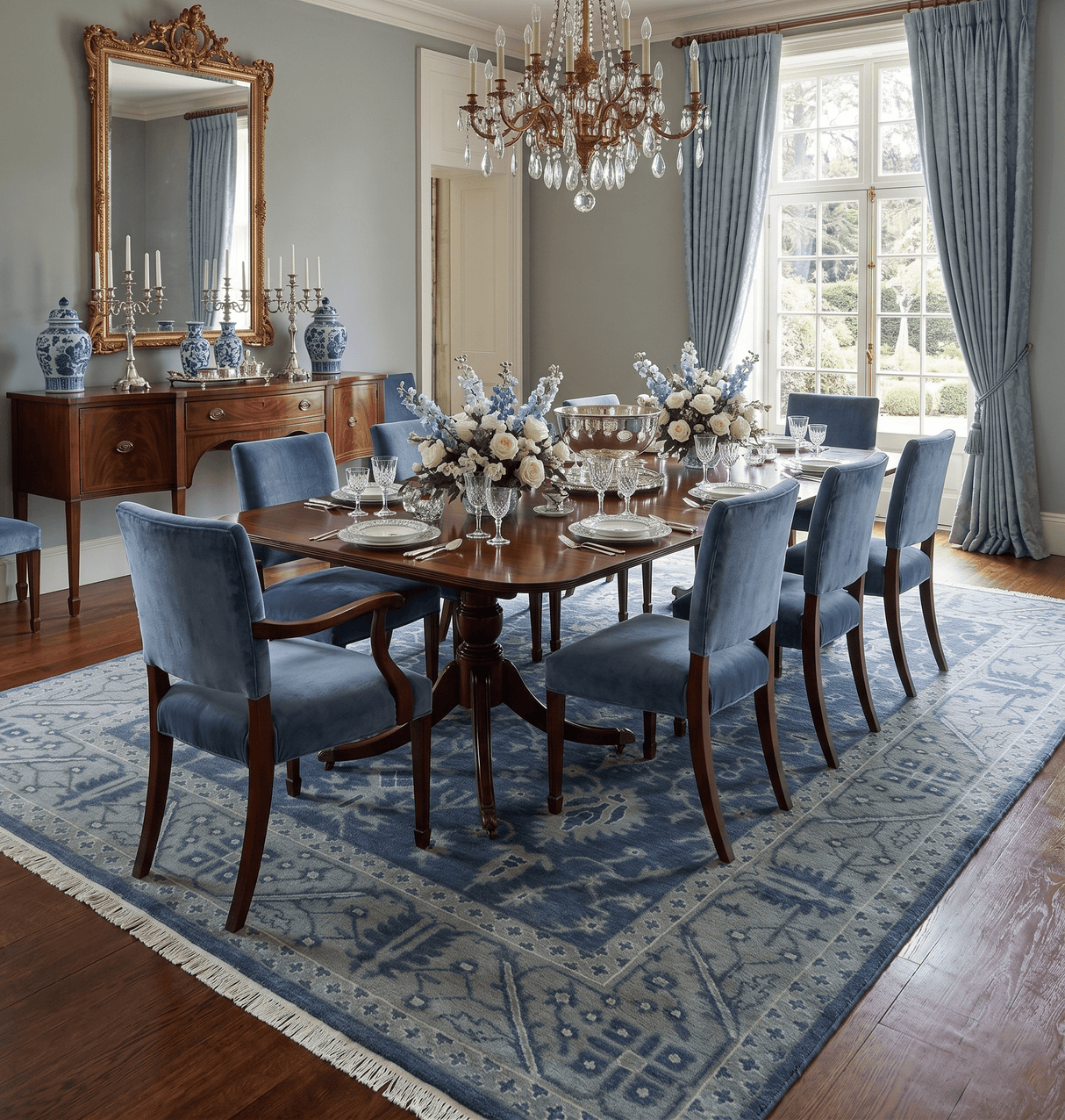 Antique 8x10 Hand Knotted Blue and Gray Traditional Persian Style Wool Rug