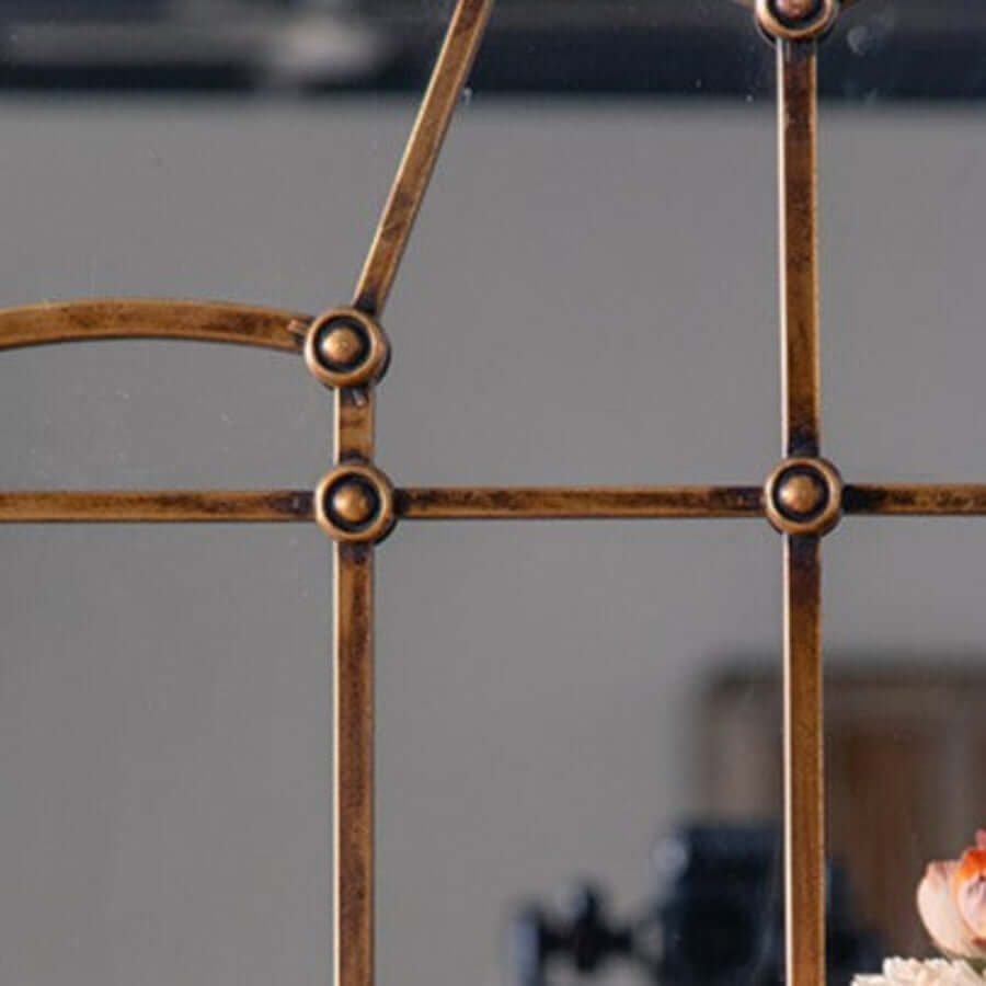 Antique Arched Windowpane Wall Mirror with Metal Grid Frame-Mirror-Parc Decor