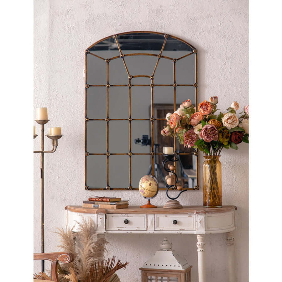 Antique Arched Windowpane Wall Mirror with Metal Grid Frame-Mirror-Parc Decor