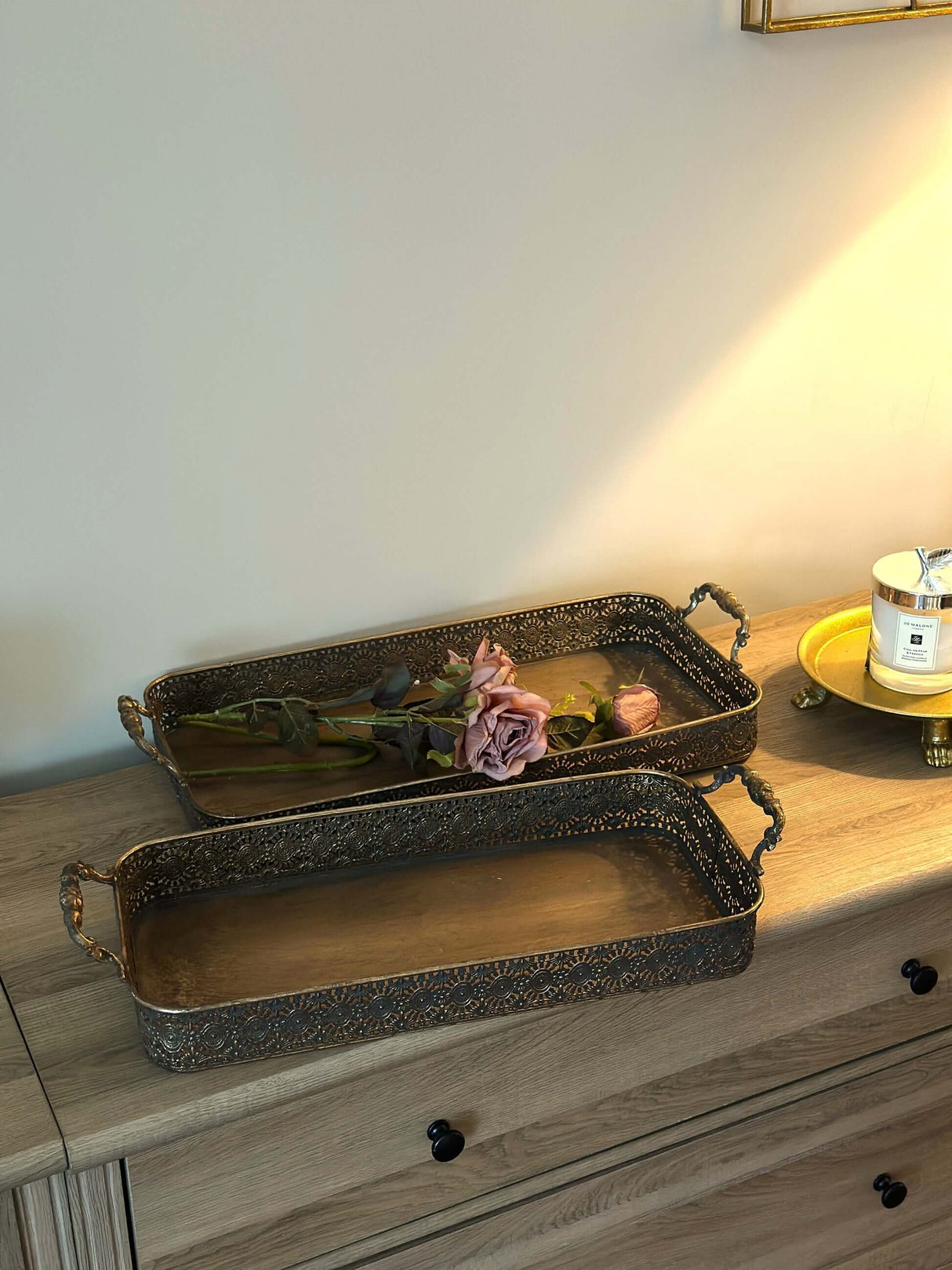 Antique Brass Filigree Serving Tray Set-Serving Tray-Parc Decor