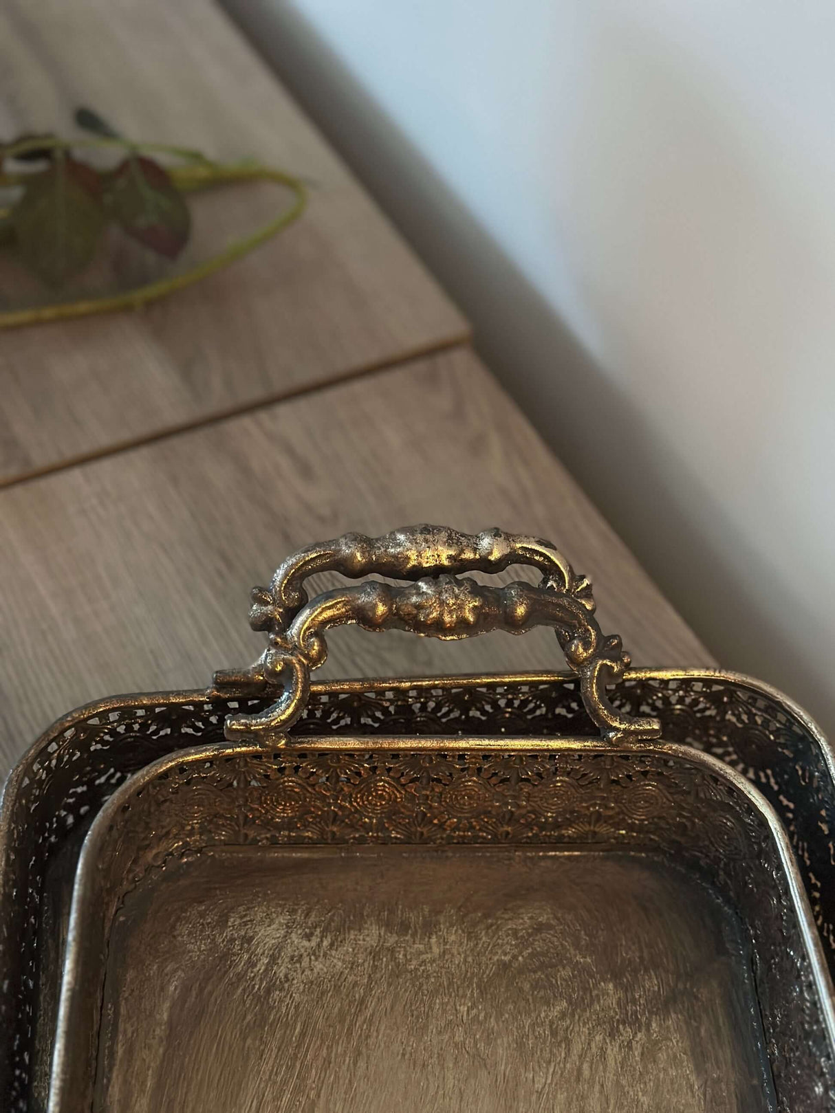 Antique Brass Filigree Serving Tray Set-Serving Tray-Parc Decor