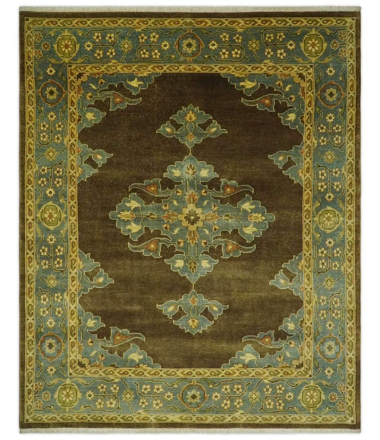 Antique Brown and Blue 8x10 Hand Knotted Medallion Wool Area Rug
