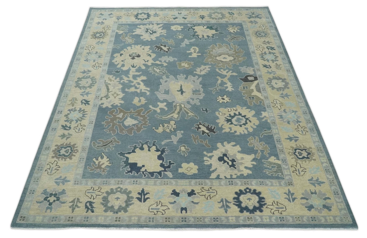 Antique Charcoal and Beige Hand Knotted Traditional Oushak Wool Area Rug
